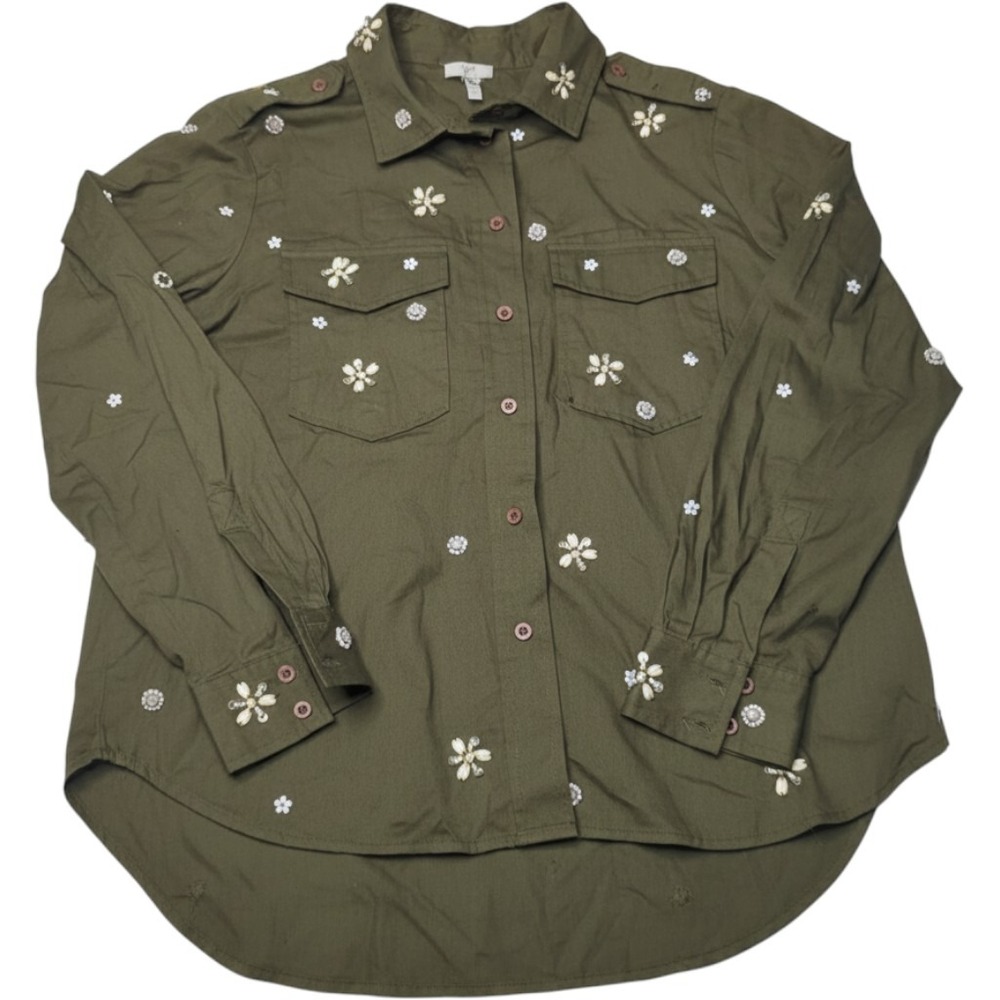 Joie Hayfa Military Beaded Shirt L Army Green Sequin Flower Utility Boho India